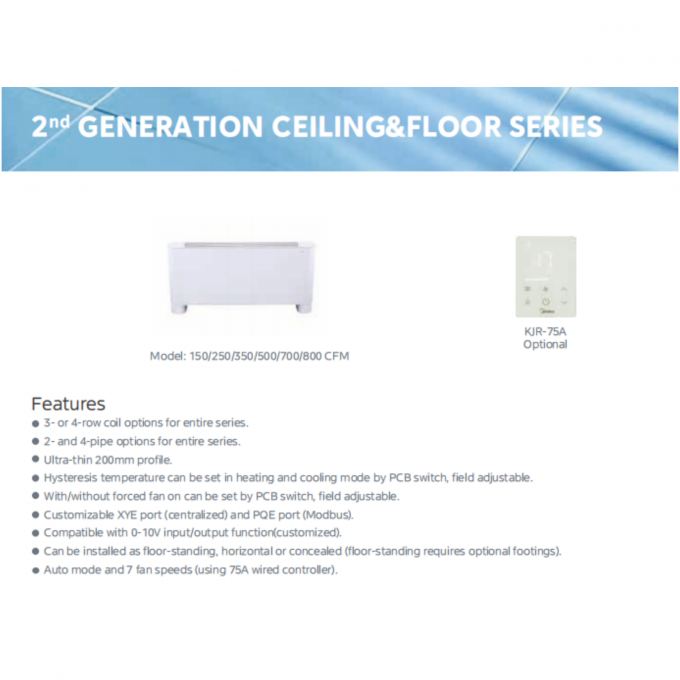 Midea 2nd generation ceiling and floor fan coil unit — front view of dual mount FCU housing